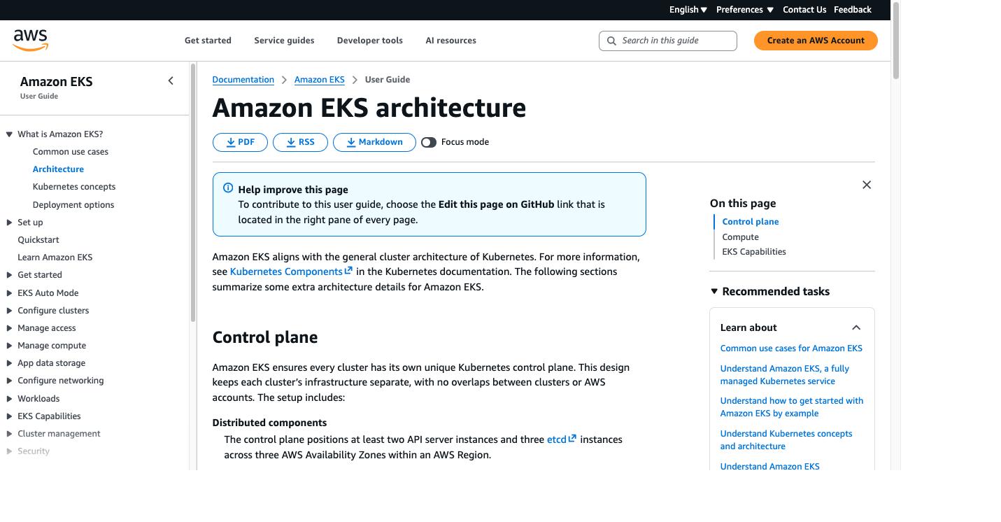 AWS's official Amazon EKS architecture documentation page, describing the control plane's distributed components