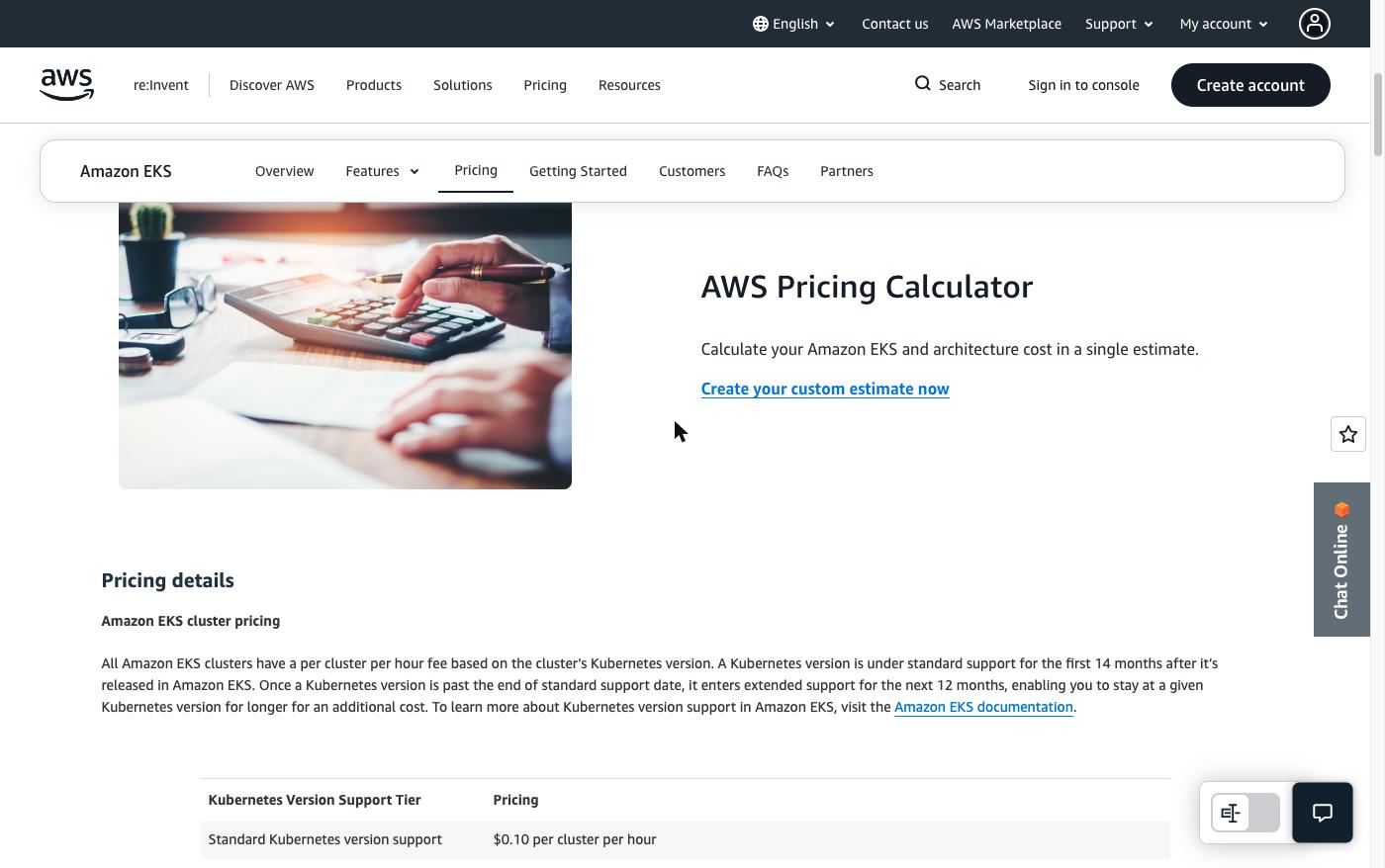 The official Amazon EKS pricing page showing standard Kubernetes version support at $0.10 per cluster per hour