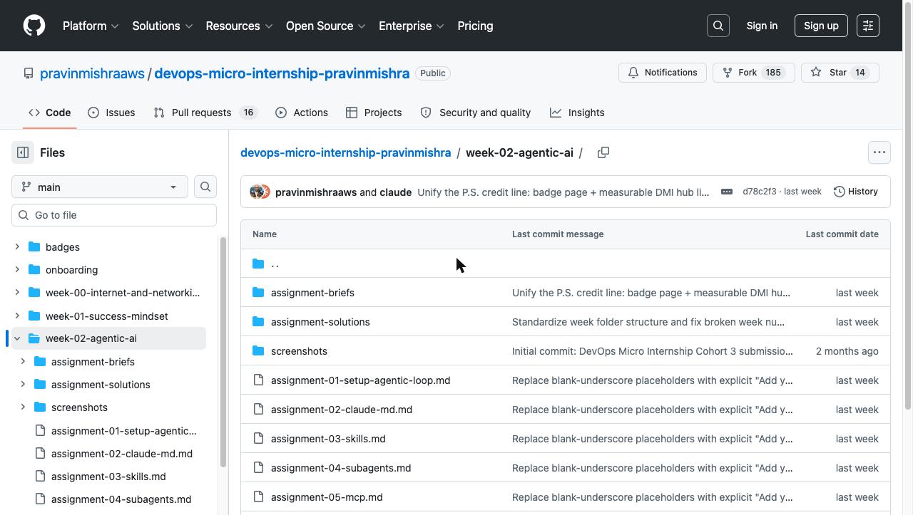 The real, public week-02-agentic-ai folder in DMI's GitHub template repository, showing the five real assignment files students work through